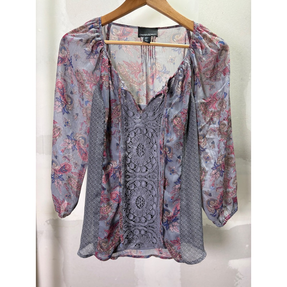 Cynthia Rowley Womens Gray Paisley Crochet Lace Peasant Blouse Top Small